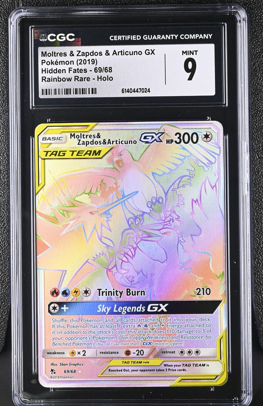 CGC 9 MINT Moltres & Zapdos & Articuno GX 69/68 2019 Hidden Fates Rainbow Rare